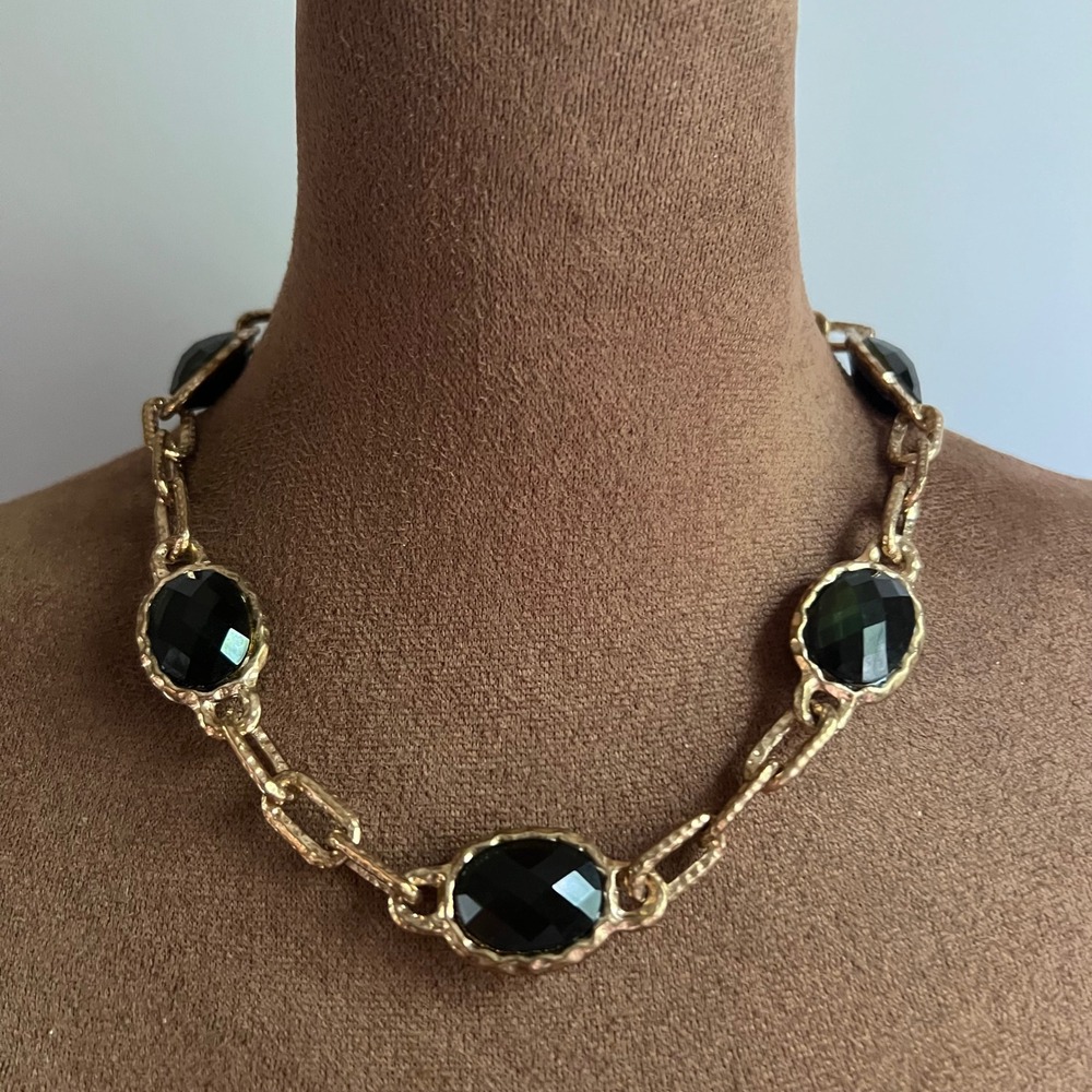 AC Gold Tone Hammered Link Black Faceted Stone Necklace 18-22" Dark Academia